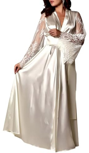 Women’s Long Ice Silk Robes, See Through Mesh Lace Flared Sleeves Dressing Gown Pajamas, Full Length Cardigan Bridesmaid with Satin Belt, V-Neck Waist Tie Bathrobe Loose Fit Long Sleeve Nightdress | See Through Full Length Cardigan Bridesmaid with Satin Belt, V-Neck Waist Tie Bathrobe Loose Fit Long Sleeve Nightdress