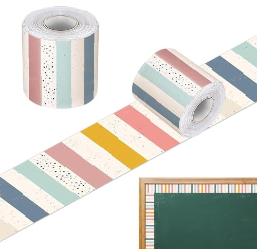 Fatiya Boho-Pinnwand-Bordüre, Rolle mit selbstklebender Rückseite, buntes Klassenzimmer-Umrandungsband, Boho-Bordüre, Aufkleber für Kreidetafel, Büro, Schulanfang, Wanddekoration (Punkte und Streifen)