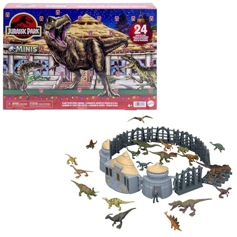 Mattel Jurassic World Adventskalender, 24 Tage, 19 Mini-Dinosaurier | Jurassic Park Inselbesucher-Thema, Überraschungen: Dino-Figuren, menschliche Figur, Spielteile, JLD23
