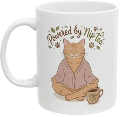 Taza de cerámica de 350 ml, diseño de gato naranja meditación, antiestrés, con texto divertido, regalo para amantes de los gatos