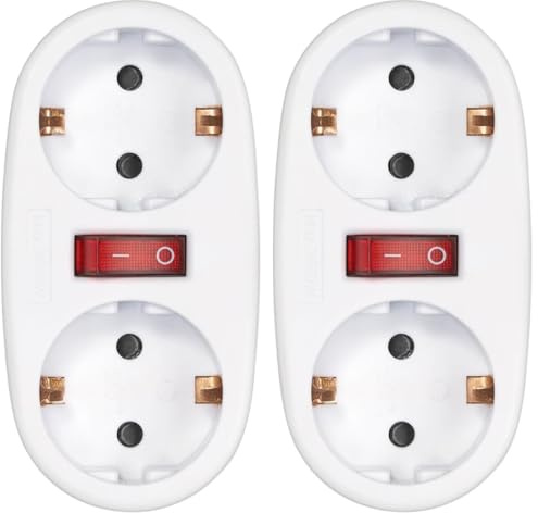 SIMON – Adaptador con Interruptor 2 Tomas Frontales 16A (250V, 3680W), Enchufe Múltiple Compacto con Control On/Off para Mayor Seguridad y Ahorro Energético, Color Blanco (Paquete de 2)