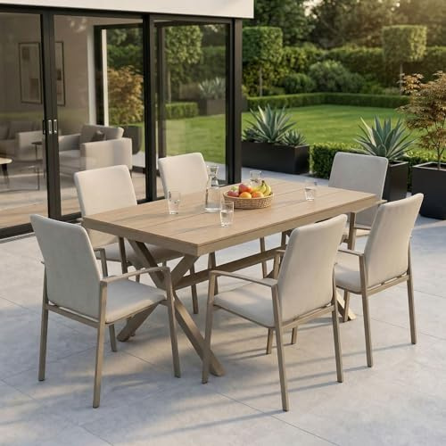 Gartenmöbel Set ISOLA/VERANO mit 6 Stühlen, Champagner - Wetterfest & UV-beständig, Tisch 180 x 76 x 100 mit WPC-Platte & Aluminiumgestell, 6 stapelbare Stühle, Outdoor Essgruppe für Terrasse & Balkon