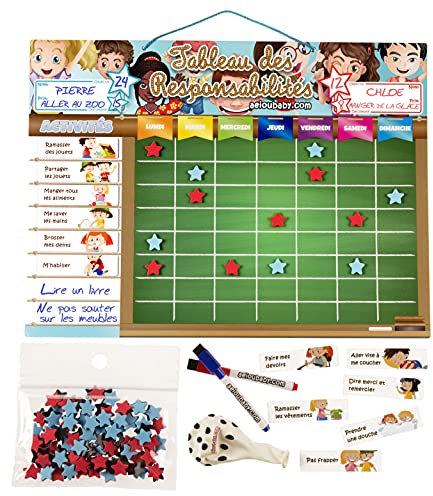 TABLEAU DES RESPONSABILITÉS Magnetique Large | Tableu de Recompense pour Mur ou Réfrigérateur 43x32cm, 22 Activités, 2 Marqueurs, 1 Globe | Présentation Boîte Cadeau enfants, anniversaires (Français)