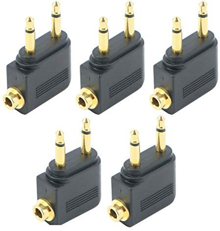SAISN Airplane Airline Flight Adapters for Headphones (5 Pack, Golden Plated, 3.5 mm)