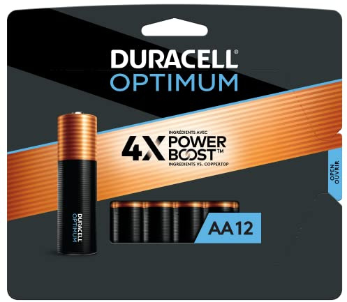 Duracell Optimum AA Batteries with Power Boost Ingredients, 12 Count Pack Double A Battery with Long-lasting Power, All-Purpose Alkaline AA Battery for Household and Office Devices