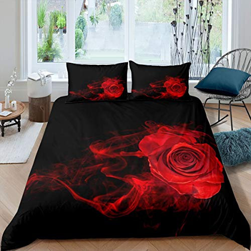 Red Rose Bedding Set - Floral Decor Duvet Cover Set for Kids & Adults - 3D Vivid Rose Black Quilt Cover - Double Size, 3Pcs