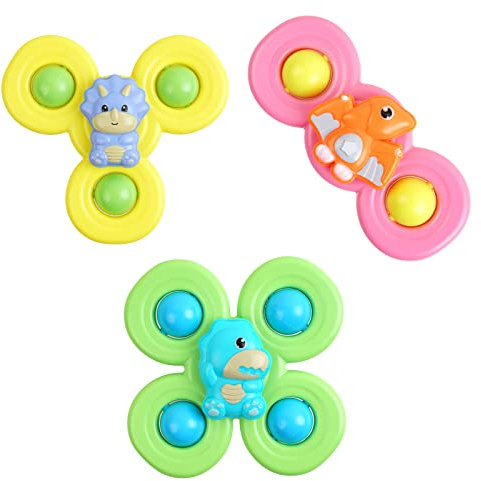 Vicloon Enfants Spinner Jouets, 3PCS Jouets Bain Baignoire Spinner avec Anneaux de Dentition, Table Sucker Jouet sans BPA, Jouet De Rotation De Bain, Jeux Educatifs pour Bébé et Enfants
