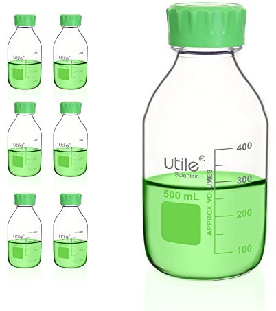 Utile Media Bottle, 6pcs of 500ml(16.9oz) 3.3 Borosilicate Glass Bottles with GL45 Screw Caps, PP Material, Assembled Non-drip Pouring Ring, 4038.0500.6