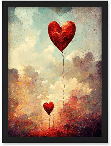 Doppelganger33 LTD Modern Abstract Floating Red Love Heart Balloons Artwork Framed Wall Art Print A4