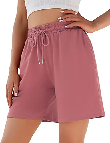 Jezonga Shorts Damen Sporthose Kurz Sport Shorts Jogginghose Sommer mit Taschen Sportshorts Hohe Taille Trainingshose Kurze Short High Waist Elastischer Bund zum Fitness Running Gym Dunkelrosa L