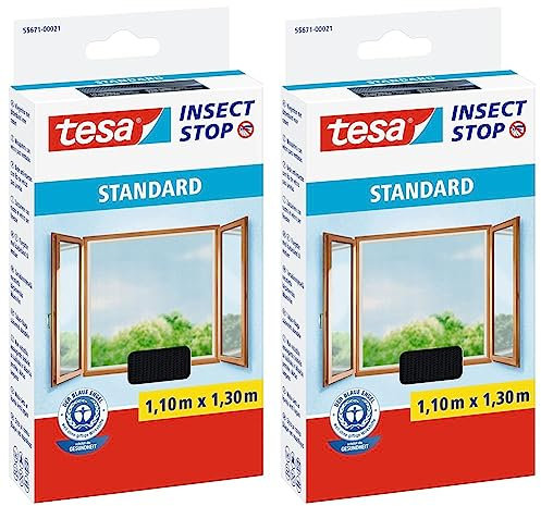 tesa Insect Stop STANDARD Fliegengitter für Fenster - Insektenschutz zuschneidbar - Mückenschutz ohne Bohren - 1 x Fliegen Netz anthrazit - 110 cm x 130 cm (Packung mit 2)