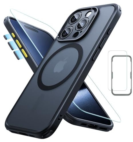 ESR Set Funda para iPhone 15 Pro (5 en 1), Funda Mate Translúcida con Protector de Pantalla y Protectores para Lentes, Compatible con MagSafe, Protección Grado Militar, Serie Classic, Negro Esmerilado