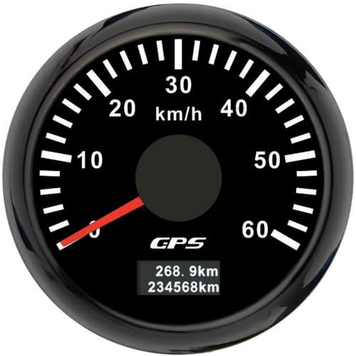 ELING 52 mm GPS-Tachometer 0–60 km/h Geschwindigkeitsanzeige mit 7 Farben Hintergrundbeleuchtung 12 V 24 V für LKW-Traktoren (schwarz+schwarz, 0-60KM/H)