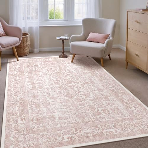 PureCozy Pink Area Rug 3x5 Office Entryway Rug Machine Washable Kitchen Vintage Distressed Non Slip Carpet Indoor Retro Floral Accent Throw Door Mat for Bathroom Bedroom Dining Living Room