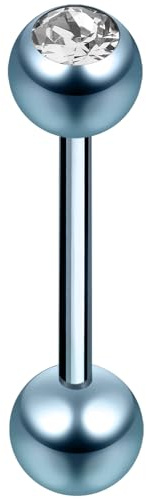AZARIO LONDON Einzelner Kristallstein hellblau eloxiert Edelstahl 14 Gauge gerade Barbell mit Kugel Zungenpiercing Schmuck