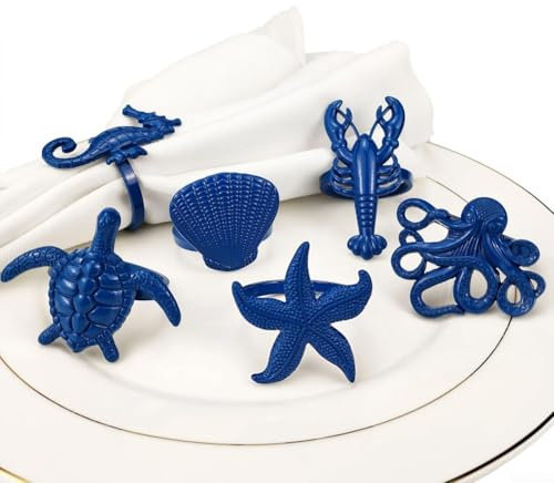 HpLive 6pcs Serviettenringe, Zinklegierung Muscheln Lobster Schildkröten Seepferdchen Kraken Serviettenringe für Haus Essen Bankett Familie Versammlung(Blau)