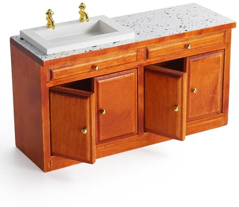 Odoria Puppenhaus Spüle Miniatur Schrank: 1/12 Maßstab Küchentheke mit Waschbecken für Vintage Restaurant Badezimmer Speisekammer Antik Retro - Mini Küche Möbel Braun Holz DIY