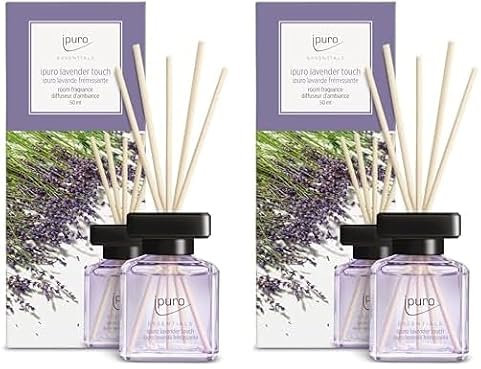 ipuro - Essentials Raumduft Lavender Touch 50ml | Raumerfrischer mit Lavendel, Zitrus, Blüten, Minze & Moschus Duft Aroma | Diffuser mit Stäbchen | Lufterfrischer für die Wohnung (Packung mit 2)