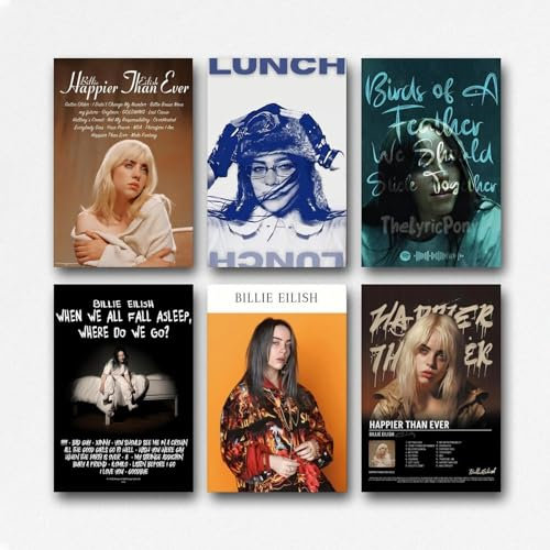 LONGRUi Billie Eilish Musikposter, Wandkunst, Leinwandposter, Raumdekoration, ästhetisches Poster, Druck, Dekorposter, 20 x 30 cm, ungerahmt, 6 Stück