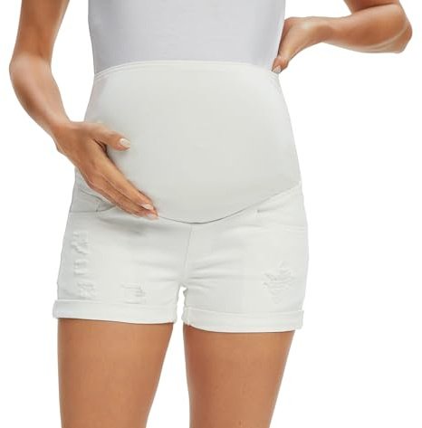 Gowjog Short en Jean de Maternité Short de Grossesse Shorts Court pour Taille Haute Ourlet Revers L'été Shorts de Grossesse (Blanc,XXL)
