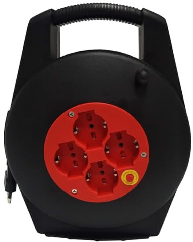 Avvolgicavo con cavo 10 metri, spina grande 16A 220V 230V, 4 prese bipasso/bivalente schuko, potenza massima 3200W, con dispositivo di protezione, prolunga elettrica per uso casalingo