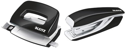 Leitz Mini-Locher + Mini-Heftgerät, für 10 Blatt, Anschlagschiene mit Formatangaben, Tacker mit 1000 Heftklammern, Ergonomisches Design, Schwarz, WOW-Serie, 50601095 + 55281095