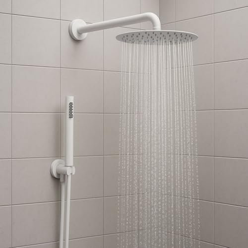 Set Doccia Completo, Soffione Tondo 250mm con Doccetta, Braccio 35cm, Finitura Bianco Opaco, Acciaio Inox