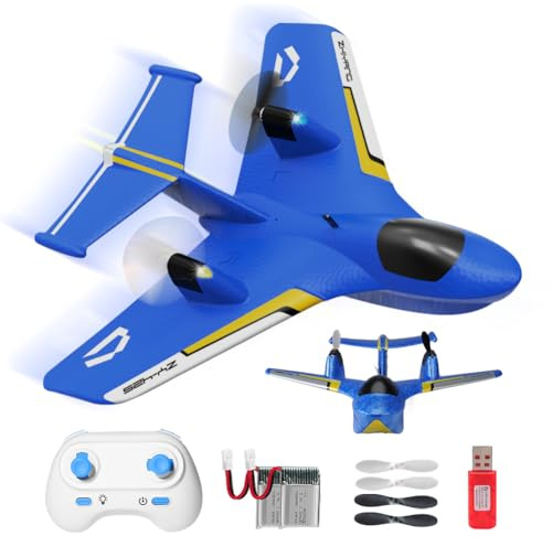 Fremego RC Flugzeug für Wasser, Land und Luft,2.4GHz Glider Ferngesteuertes Flugzeug mit 2 Batterien und Licht,2CH Kampfflugzeug Modell Spielzeug für Kinder Anfänger (Blau)
