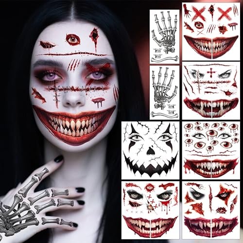 Yezirzax 8 Blätter Halloween Tattoos, Horror Gesicht Temporäre Tattoos, Wasserdicht Fake Narben Hexen Zombie Gesichtstattoos Aufkleber Make Up Accessoires für Karnevalsschminke Halloween Masquerade