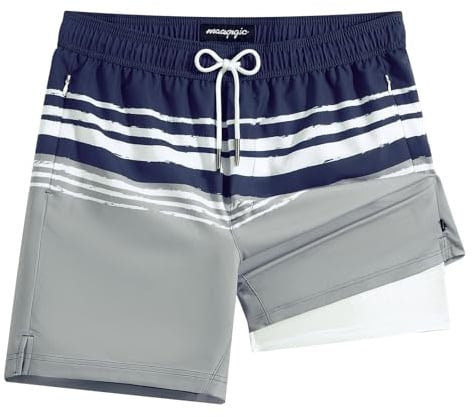 maamgic 7 Inch Mens Swim Trunks with Compression Liner Board Shorts with Zippered Pocket Bathing Suit for Beach Vacation, Blue-Gray Stripes, L