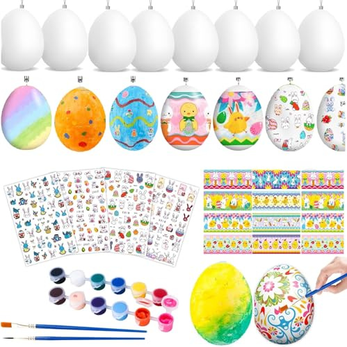 50PC Ostereier zum Aufhängen, Ostere-ier zum Bemalen, Osterdeko Eier aus Kunststoff, Oster-eier Deko DIY Handbemalte Ostereier Bemalen mit Schnur Ostereierfarbe Aufkleber und Pinsel, Geschenke Kinder