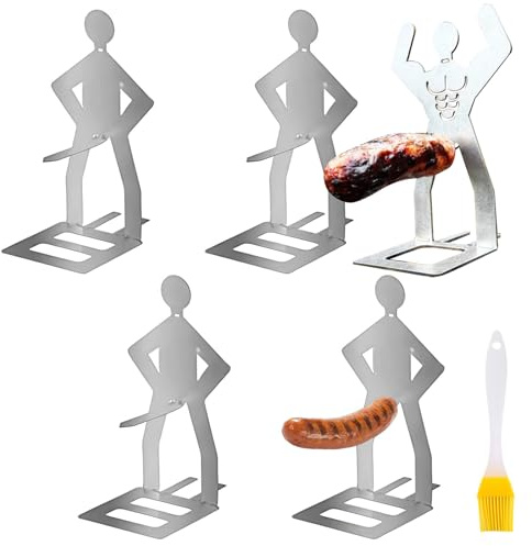 Lot de 4 supports à saucisses en acier inoxydable - Support de barbecue créatif sur pied - Accessoire pour barbecue à gaz, hot dog - Outils de barbecue pour le camping en plein air - Avec pinceau à