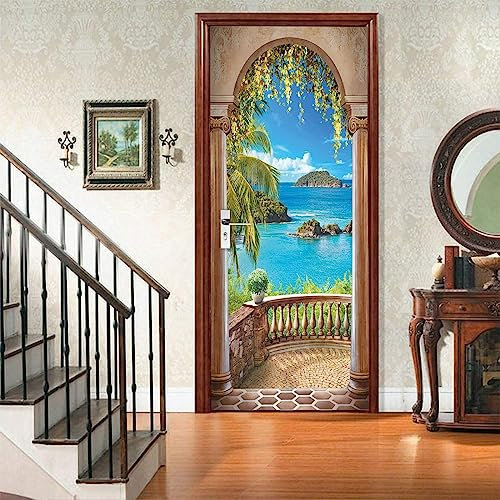 FLFK Arc de Balcon de mer Autocollant Porte Affiche 3D pour Chambre Auto-adhésif Amovible Murale Décoration 77X200cm