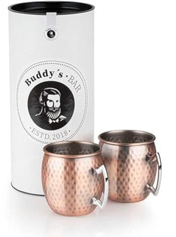 Buddy's Bar - 2 Gobelet Moscow Mule, Set de 2 pièces, 2 x 450ml, gobelets en Acier Inoxydable de Haute qualité avec revêtement en cuivre Style Antique, gobelets de Cocktail avec boîte Cadeau
