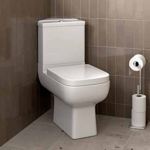 Affine® Amelie Modern Bathroom Cloakroom Close Coupled Corner Toilet Short Projection WC Toilets Soft Close Seat Dual Flush Cistern Square Pan, White Gloss