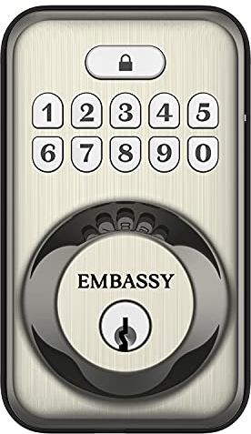 Embassy Door Lock Electronic Keyless Entry with Antimicrobial Illuminated Keypad Security Deadbolt Lock 20 User Codes Auto and 1-Button Locking Front Door Garage or Office (US15)