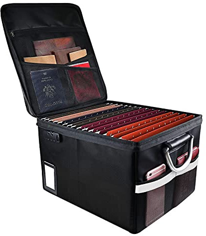 TOMKID Fireproof File Storage Organizer with Lid, Collapsible Document Box with Handle, Portable Home Office Safe Box for Hanging Letter/Legal Folder (Black)