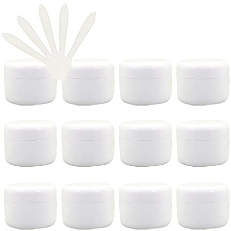 ZEOABSY Pack of 24, Empty 50ml White Plastic Cosmetic Jars with Screw Lid, Inner Liner, 50g Face Cream Lip Balm Lotion Storage Container Travel Case Bottle Pot + 5X Spoon