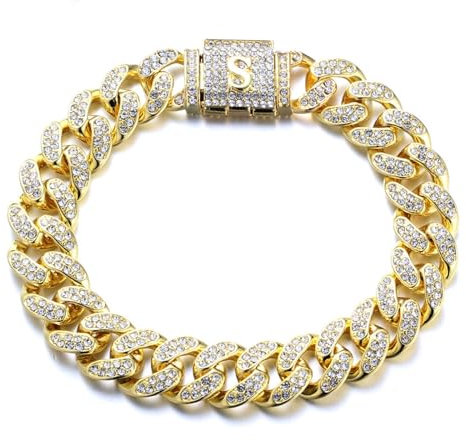 Halukakah Oltre 400 Diamanti Placcato Oro Reale 18 Carati Bracciale a Catena a Maglie Cubane per Uomo e Donna,Diamanti Cluster Chiusura con Lettera a Bolla Iniziale 3D S -Idea Regalo per I Propri Cari