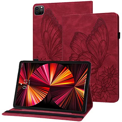 Rostsant Coque iPad Air 4/iPad Pro 11 Papillon en Relief Etui en Cuir PU Portefeuille Porte-Stylo Tablette Housse de Protection pour iPad Air 2021 10.9, iPad Pro 11 Pouces 2018/2020/2021 - Rouge
