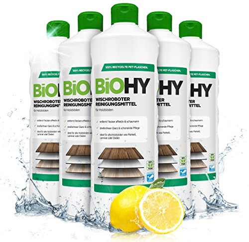 BiOHY Detergente robot de limpieza (6 botellas de 1 litro) | Limpiador para los suelos de madera | parquet y laminado | Concentrado con fragancia fresca brillo sin rayas| vegano (Wischroboter Holz)