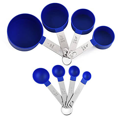 FUYTERY 8pcs tazas de medición y cucharas Set de acero inoxidable apilable herramienta de cocina (azul)