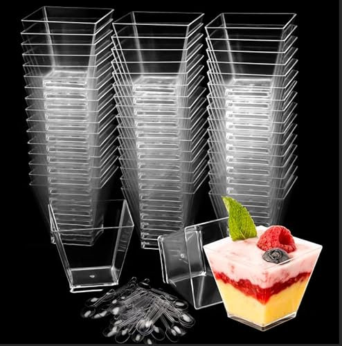 ZEONHEI 100 vasos de postre de 60 ml, 2 oz, transparentes, con cuchara, pequeño plástico para tartas de queso, recipiente para mousse, taza de postre cuadrada para bodas, cumpleaños y fiestas