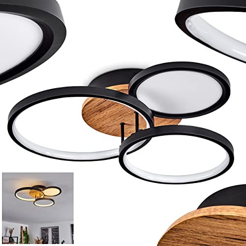 LED Deckenleuchte Avelal, moderne Deckenlampe aus Metall/Holz/Kunststoff in Schwarz/Natur/Weiß, Leuchte mit 3 Ringen (Ø 17 cm, 21 cm, 25,5 cm), 1500 Lumen, 3000 Kelvin, 1 x LED 30 Watt (inkl.)