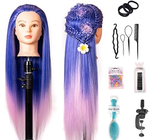 26Training Head Mannequin Head Hair Styling Manikin Cosmetology Doll Head Synthetic Fiber Hair Hairdressing training model with free clamp (Pink green)