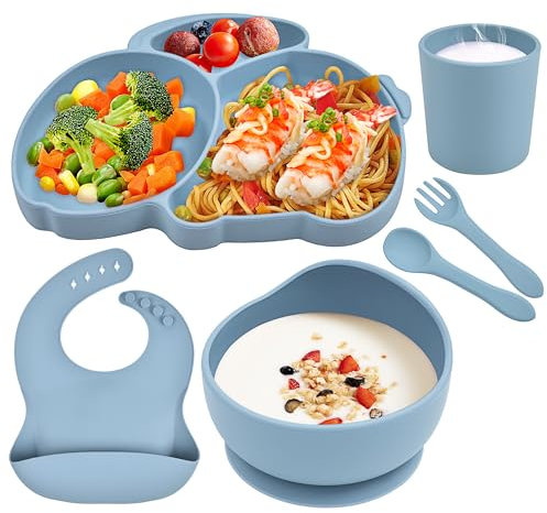 Hoseay Vajilla Bebe Silicona 6 Piezas Vajilla Infantil Antideslizante Animales Incluye Plato y Cuenco con Ventosa Cuchara Tenedor Tazas y Babero Vajilla Bebe Sin BPA Set Aprendizaje Niño, Azul Conejo