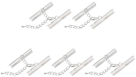 sourcing map 10Set Ribbon Crimp Clamp Ends with Lobster Claw Clasps & Extension Chain, 40mm Cord End Clasps for DIY Craft Making, Silver White