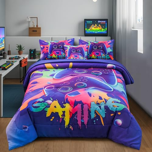 Aimuan Gamer Gaming-Bettwäsche-Set, 3D-Gamepad-Bettwäsche-Set für Jungen, Spielkonsole, Aktionstasten, bunt, Game-Controller, Moderne Raumdekoration, Heim-Steppdecken-Set (lila, 6-teilig)