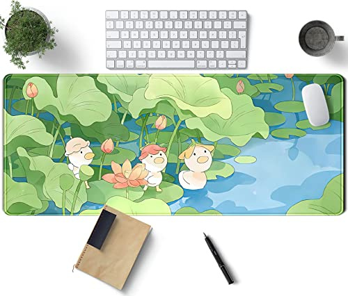 Tapis de bureau kawaii mignon vert à design de dessin animé avec canard - tapis de bureau grand tapis de clavier d'ordinateur tapis de souris pour fille décoration de bureau 80 x 30 cm
