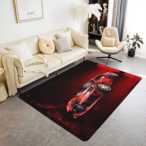 Loussiesd Cool Rennwagen Modern Teppich Wohnzimmerteppich 100x150cm Geschwindigkeit Sport Auto Teppiche Für Wohnzimmer Schlafzimmer Extreme Sport Rot und Schwarz Indoor Fußmatte
